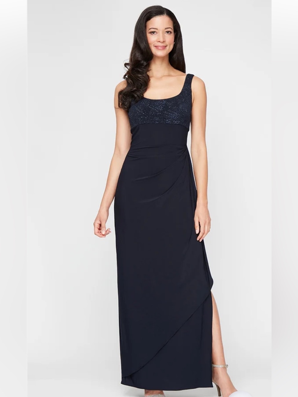 ALEX EVENINGS Matte Jersey Gown with Jacquard Bolero Jacket in Dark Navy. - Picture 2 of 12